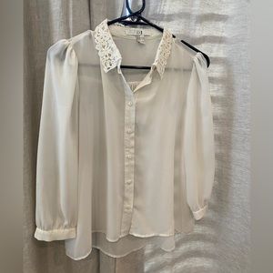 Forever XXI white sheer button up long sleeve blouse with crochet collar detail